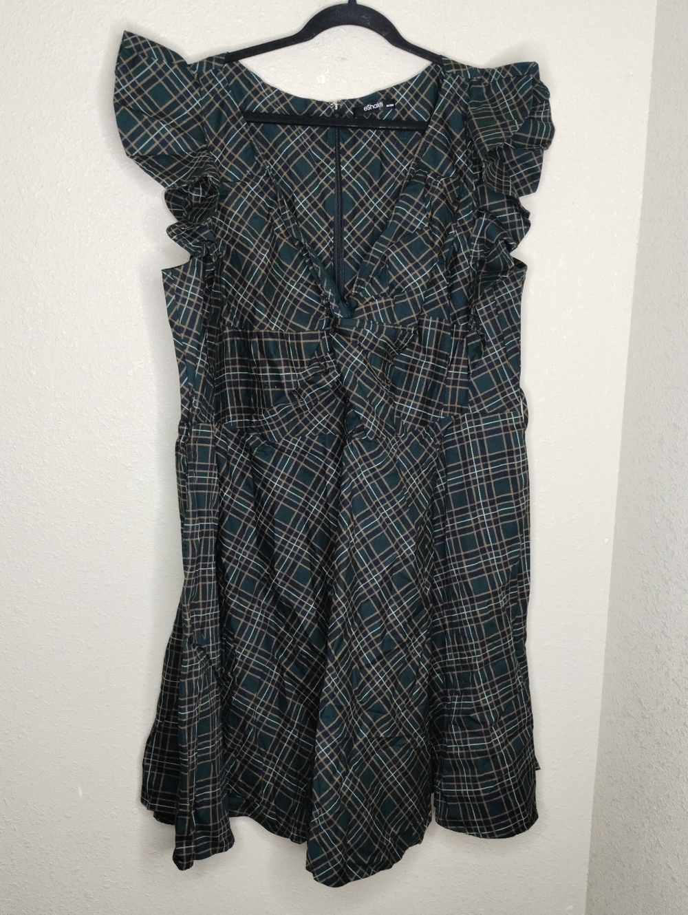 Eshakti Plaid Ruffle Sleeve Fit And Flare Dress in Dark Green Plus Size 3X